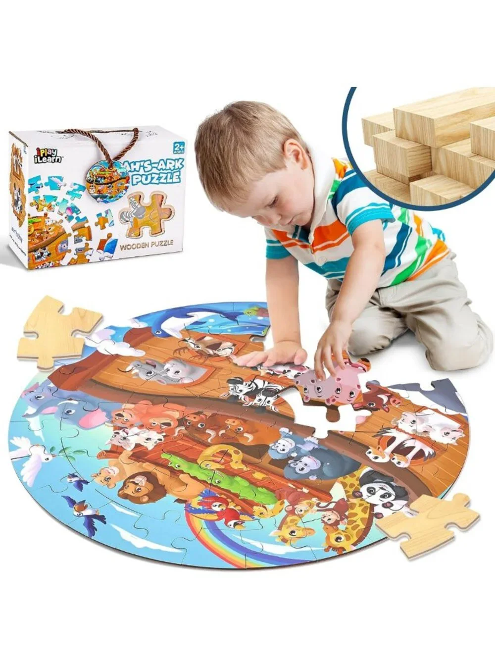 Noah's Ark Wooden Animal Puzzles for Toddlers - 51-Piece Educational Floor